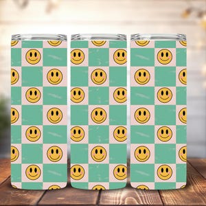 Diseño de cara sonriente a cuadros, retro, envoltura delgada para vaso de 20 oz, diseño de sublimación recta, solo descarga digital PNG