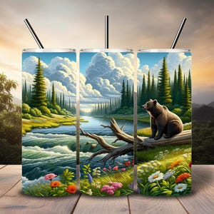 Happy Bear Nature 20oz skinny Tumbler wrap, Straight Sublimation Tumbler design, PNG digital download only