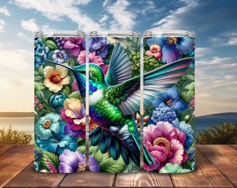 Hummingbird with Flowers 20 ounce skinny Tumbler wrap, Straight and Tapered Wrap, Sublimation Tumbler design, PNG digital download only