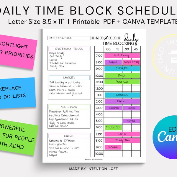 Time Blocking Planner Printable-Block Schedule Planner-ADHD Planner Adult-Work from Home Planner-Productivity Planner-Instant Download PDF