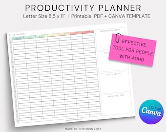 Productivity Planner - ADHD Planner - Work from Home - Weekly Planner - Student Planner - Time Management Tool - Time Blocking Printable PDF