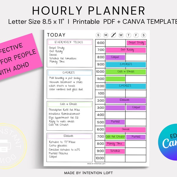 Hourly Planner - ADHD Planner - Time Blocking Planner Printable -Work from Home Planner-Productivity Planner -Time Management Tool