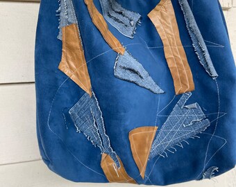 Western style ultrasuede denim and leather hobo