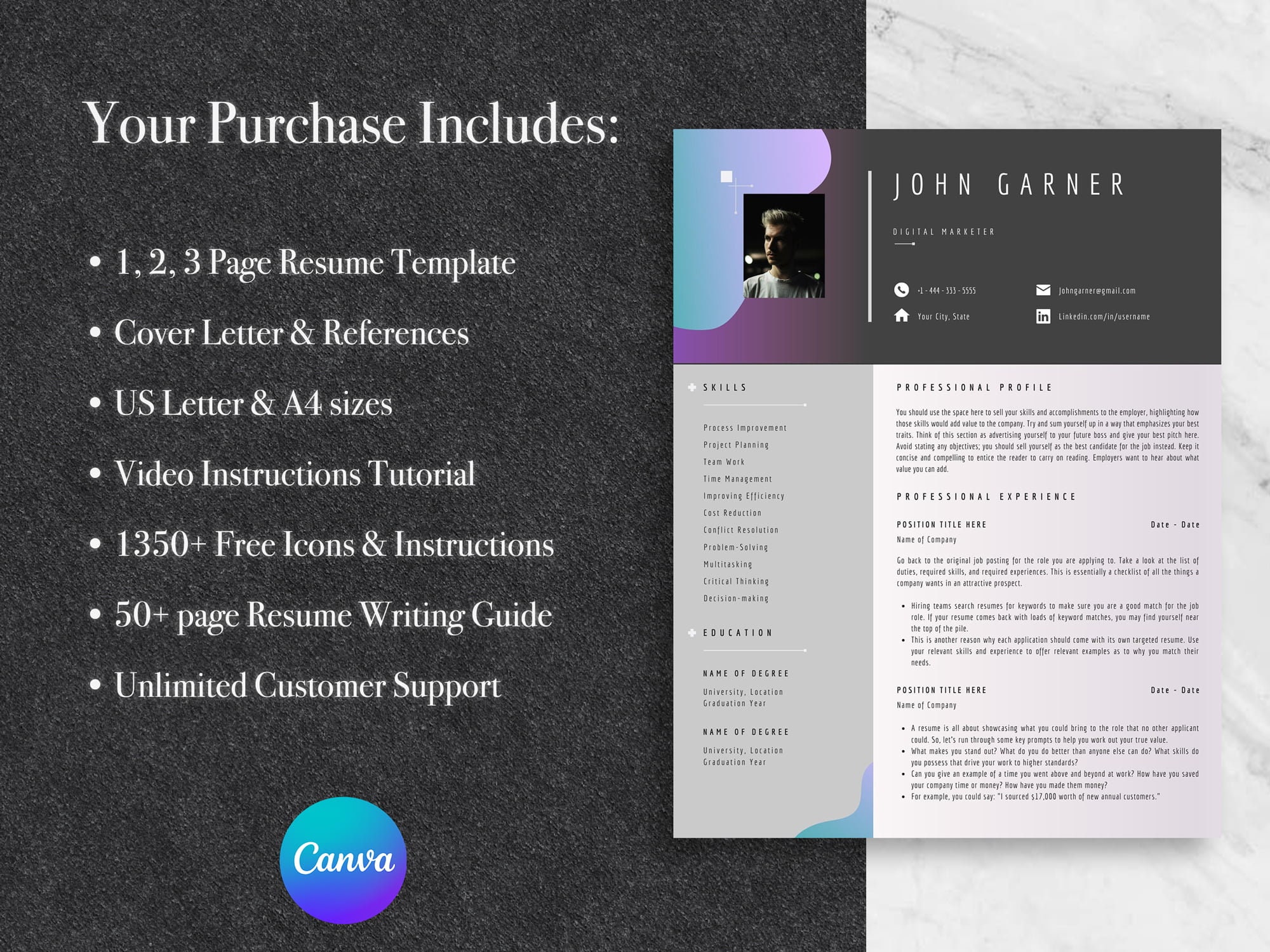 Canva Resume Template, Modern Professional CV, ATS Friendly (US Letter ...