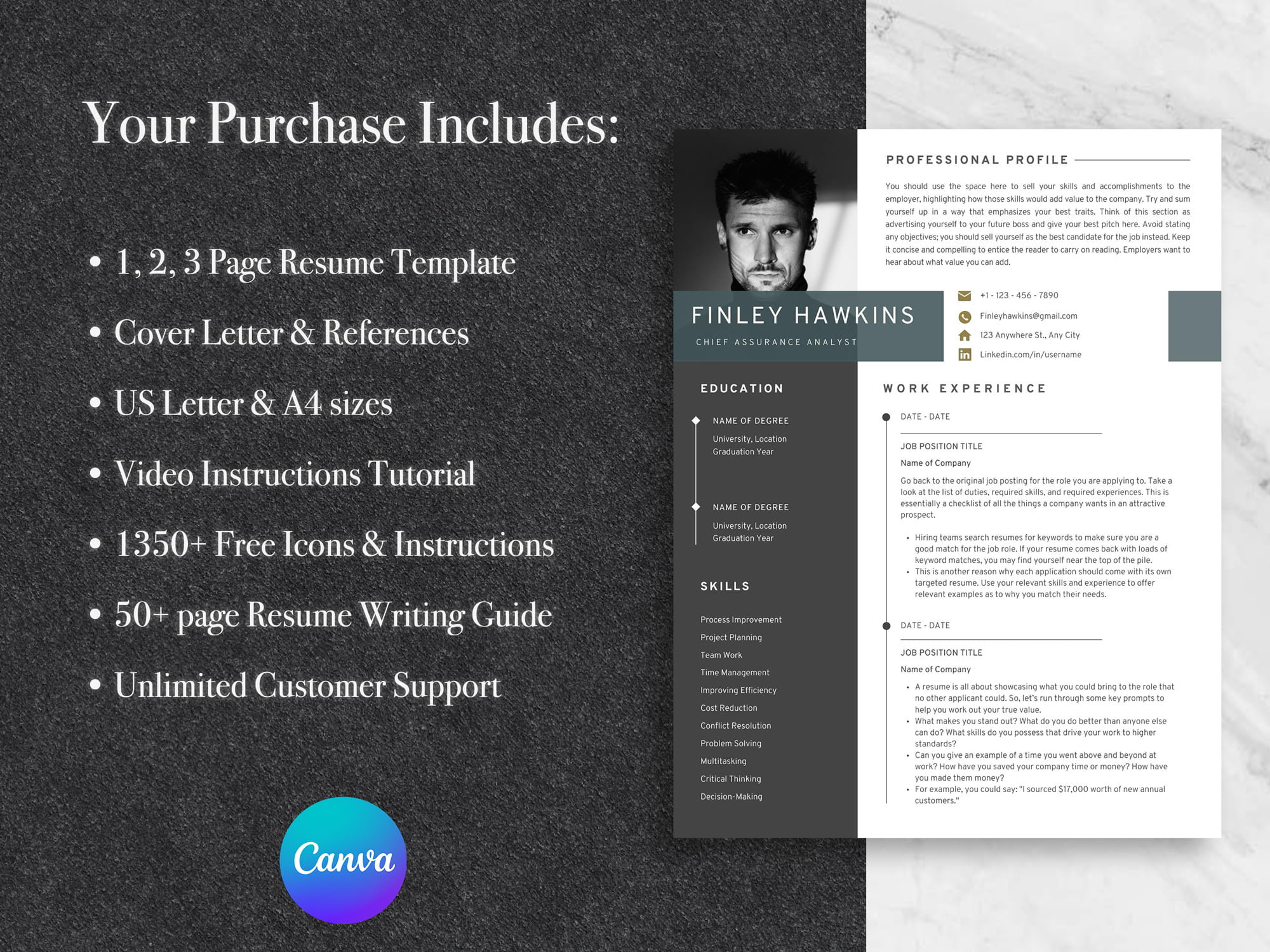 Clean Modern Executive Canva Resume Template Professional - Etsy