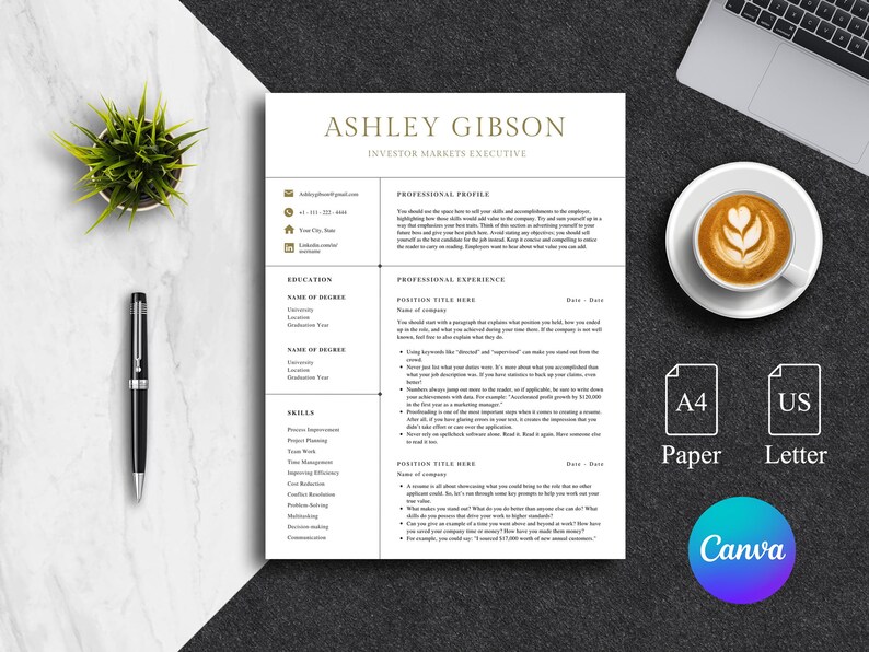 Modern Executive Resume Template | ATS Friendly Canva CV (US Letter+a4 ...