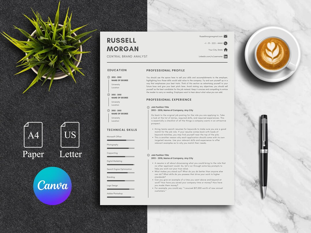 Canva Resume Template, Canva CV Template, Professional Canva Resume