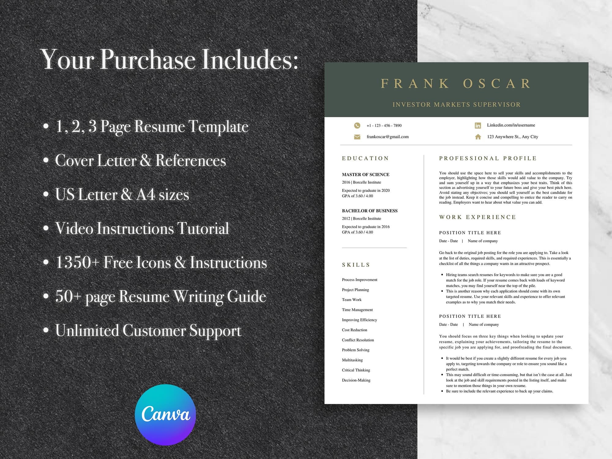 Canva Executive Resume Template | Modern Professional CV (US Letter+a4 ...