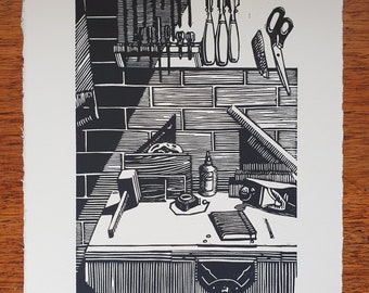 Workshop, Original hand-carved linocut print, limited edition