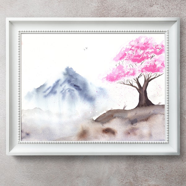 Japanischer Stil, Kirschblüte und Berg, halbabstrakter Aquarell Kunstdruck. Wanddekoration für minimalistische Innenarchitektur.
