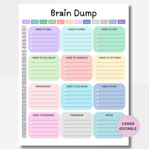 Puede incluir: Un planificador "Brain Dump" colorido con secciones para tareas como llamadas, correos electrónicos y seguimientos. Incluye encabezados mensuales y una etiqueta "Canva Editable". El planificador está diseñado para organizar tareas diarias.