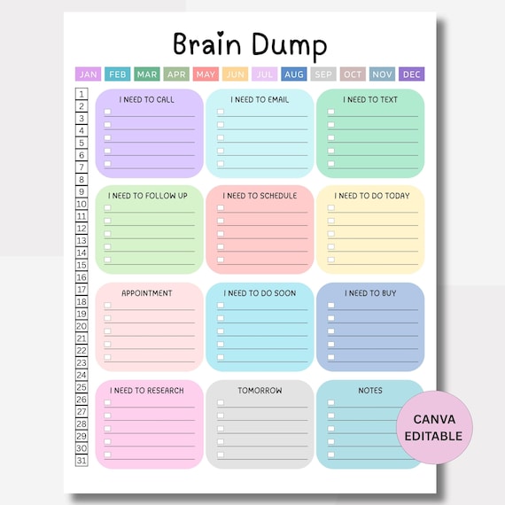 Brain Dump, to do list printable, brain dump planner, brain dump template, adhd to do list, productivity planner, work day planner