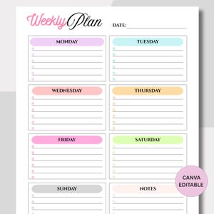 Puede incluir: Un planificador semanal blanco con secciones de colores pastel para cada día de la semana, incluyendo lunes, martes, miércoles, jueves, viernes, sábado y domingo. El planificador tiene una sección para notas y está etiquetado como "Weekly Plan".