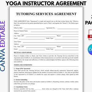 May include: A three-page Tutoring Services Agreement document template featuring black text on a white background. The form includes sections for contact information, recitals, purpose, and terms and conditions, with blank lines for filling in specific details.