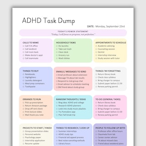 Peut inclure: Une page de planification ADHD Task Dump blanche avec des sections aux couleurs pastel pour organiser les activités quotidiennes. Elle comprend des en-têtes comme Calls to Make, Household Tasks, Appointments to Schedule, Things to Buy, Emails, Errands et Projects to Start or Finish.