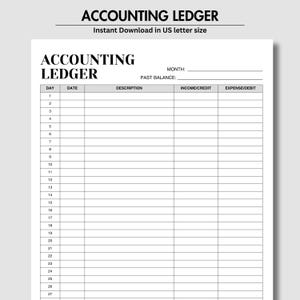 May include: A black and white accounting ledger template printed on US letter size paper. The document features a header with the text ACCOUNTING LEDGER, followed by fields for month and past balance, and a table with columns for day, date, description, income/credit, and expense/debit.