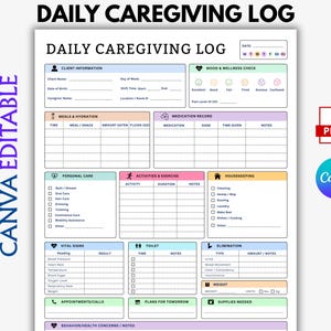 May include: A printable daily caregiving log template featuring sections for client information, mood and wellness, meals, medication, personal care, activities, housekeeping, vital signs, toilet, elimination, weight, appointments, and supplies.