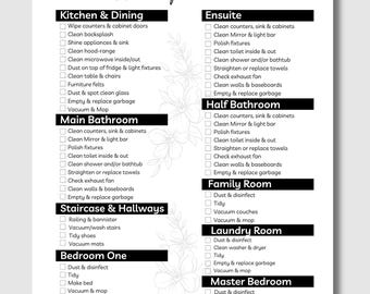 May include: A white paper cleaning checklist with black text and headers. The document features sections for Kitchen & Dining, Ensuite, Main Bathroom, Half Bathroom, Staircase & Hallways, Family Room, Laundry Room, Bedroom One, and Bedroom Two.