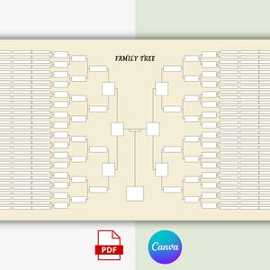 May include: A beige family tree chart template featuring a central branching diagram with numerous rectangular fields for names and dates, topped with the text FAMILY TREE. The design includes a PDF icon and a circular Canva logo at the bottom.
