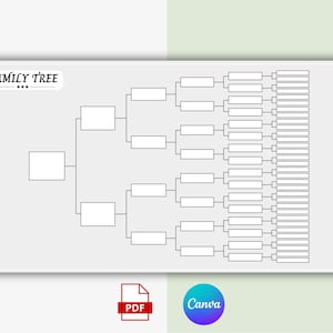 May include: A white rectangular family tree chart template featuring the text FAMILY TREE in the upper left corner. The diagram displays a branching structure with numerous empty rectangular boxes connected by thin black lines for names.