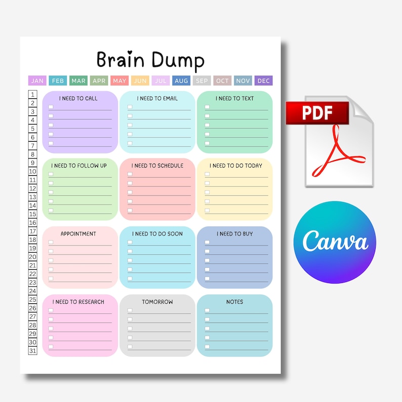 K&ouml;nnte beinhalten: Eine farbenfrohe Brain Dump Planerseite mit Abschnitten f&uuml;r Aufgaben wie Anrufe, E-Mails und Termine. Enth&auml;lt ein PDF-Symbol und ein Canva-Logo. Der Planer hat einen monatlichen Kalender und nummerierte t&auml;gliche Eintr&auml;ge.
