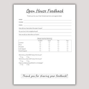 May include: A white Open House Feedback form printed with black text. The document includes fields for name, phone, email, and questions about the property. It features a rating table for location, price, floorplan, curb appeal, and overall appeal.