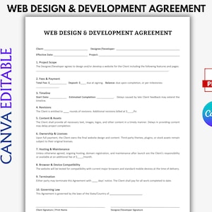 May include: A white document titled Web Design & Development Agreement with black text, featuring sections for project scope, fees, payment, timeline, revisions, content, ownership, hosting, and termination, with PDF and Canva icons on the right side.