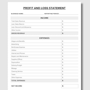 May include: A white Profit and Loss Statement template with black text. It includes sections for Business Name, Reporting Period, Income, and Expenses, with lines for items like Total Sales Revenue, Wages, Advertising, and a final Net Income box.