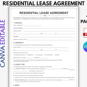 May include: A four-page residential lease agreement document template in black and white. The form includes sections for parties, property details, lease type, and rent. The text reads 'RESIDENTIAL LEASE AGREEMENT' and includes icons for PDF and Canva.