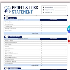 May include: A Profit & Loss Statement template featuring blue and white sections for business name, reporting period, and prepared by fields. It includes tables for revenue, operating expenses, and profit summary with columns for description and USD amounts.