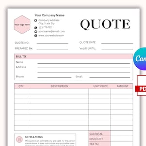 May include: A white business quote template featuring a pink hexagonal logo placeholder, black text, and pink header bars. The document includes fields for company information, bill to details, a quantity and price table, and a notes and terms section.