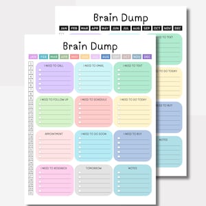 K&ouml;nnte beinhalten: Zwei druckbare "Brain Dump" Planerbl&auml;tter. Jedes Blatt hat einen Kalender oben und Abschnitte f&uuml;r Aufgaben wie "I Need to Call", "I Need to Email" und "Notes". Die Bl&auml;tter sind in Pastellfarben gehalten.