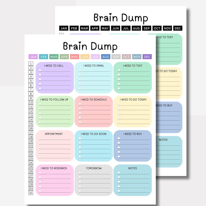 K&ouml;nnte beinhalten: Zwei druckbare "Brain Dump" Planerbl&auml;tter. Jedes Blatt hat einen Kalender oben und Abschnitte f&uuml;r Aufgaben wie "I Need to Call", "I Need to Email" und "Notes". Die Bl&auml;tter sind in Pastellfarben gehalten.