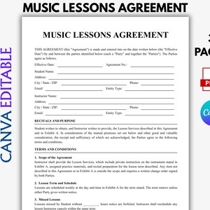 Music Lessons Contract, Music Teacher Agreement PDF, Lesson Service Form, Instant Download, Music Lessons Agreement, Canva editable contract