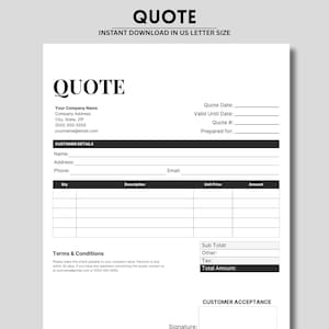 Op de afbeelding: Een zwart-wit offerte-sjabloon op papier van US letter-formaat. Het document bevat velden voor bedrijfsgegevens, klantgegevens, een tabel voor aantal, omschrijving, eenheidsprijs en bedrag, plus algemene voorwaarden en een ruimte voor een handtekening.