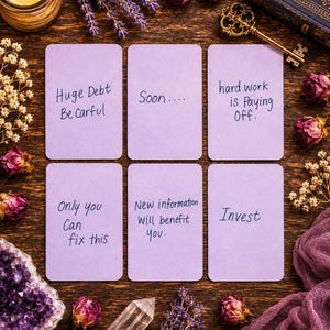May include: Six rectangular light purple cards arranged in two rows, each featuring handwritten dark blue text. The cards display the phrases: Huge Debt Be Careful, Soon, hard work is Paying Off, Only you Can fix this, New information Will benefit you, and Invest.
