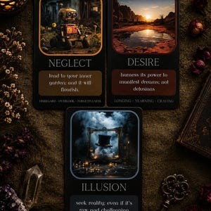 May include: Three rectangular oracle cards featuring illustrations and text. The top left card shows a robot, labelled NEGLECT. The top right card shows a sunset landscape, labelled DESIRE. The bottom card shows a top hat in a mirror, labelled ILLUSION.