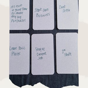 May include: A six-card career reading with handwritten text on each card. The cards are arranged on a dark background. The text on the cards includes phrases like "Start Own Business" and "Don't Settle". The bottom of the image reads "Career hand made card pull. 6 Card pull."