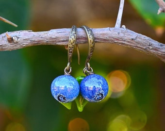 Blueberry Earrings, Glass Earrings, Berry Earrings, Lampwork