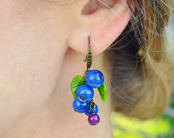 Blueberries Earrings, Statement Earrings, Murano Glass, Fruit Food Earrings