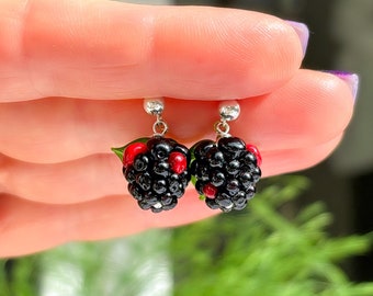 Blackberry Stud Earrings, Botanical Earrings, Minimalist earrings, Statement Earrings, Lampwork, Gifts For Her