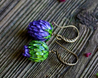 Flower Earrings, Thistle Jewelry, Scottish Flower, Murano Glass, Lampwork