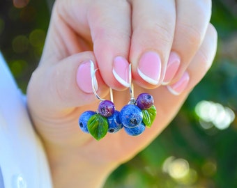 Blueberry Earrings, Glass Berries, Drop Earrings, Food Earrings, Murano Glass, Lampwork