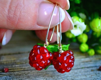 Raspberry Earrings, Glass Berries, Drop Earrings, Food Earrings, Murano Glass, Lampwork