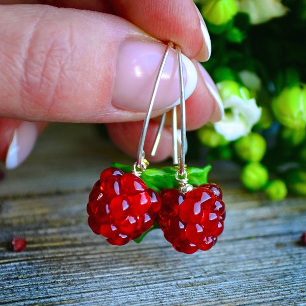 Raspberry Earrings, Glass Berries, Drop Earrings, Food Earrings, Murano Glass, Lampwork