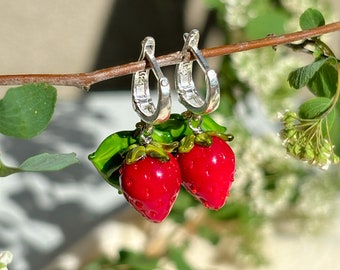 Lucky Wild Strawberry-oorbellen, 925 sterlingzilver, muranoglas, handgemaakt, lampwork