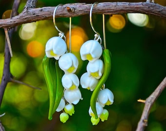 Flower Earrings, Long Earrings, Lily Of The Valley, Nature Jewelry, White Flower