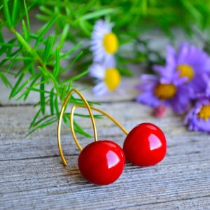 Cherry Earrings, Gold Plated, Fruit Jewelry, Murano Glass