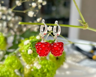 Handcrafted Raspberry Lampwork Earrings, Sterling Silver Leverback