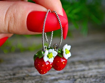 Strawberry Earrings, Drop Earrings, Murano Glass, Gifts For Her